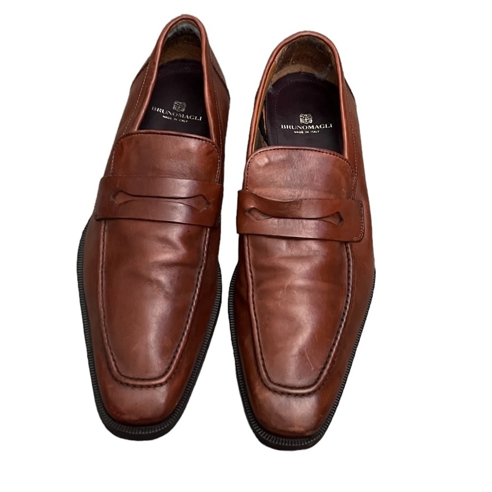BRUNOMAGLI SLIP ON LOAFER COGNAC LEATHER, MENS DRESS SHOES SIZE 9M‎